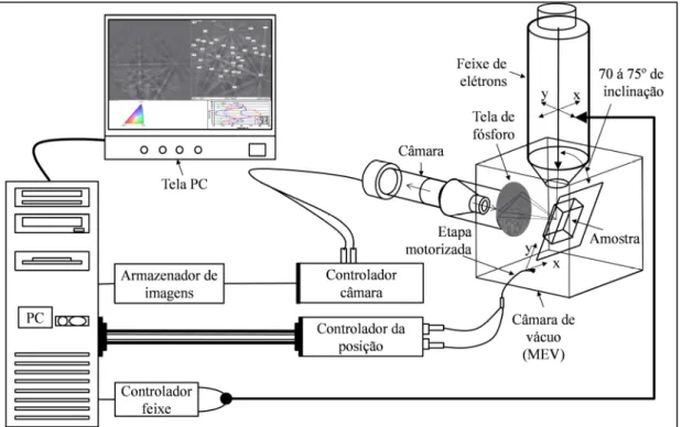 Figura 2.8. Ilustração dos componentes de um sistema típico de EBSD (Fonte: www.ruhr-uni- www.ruhr-uni-bochum.de)