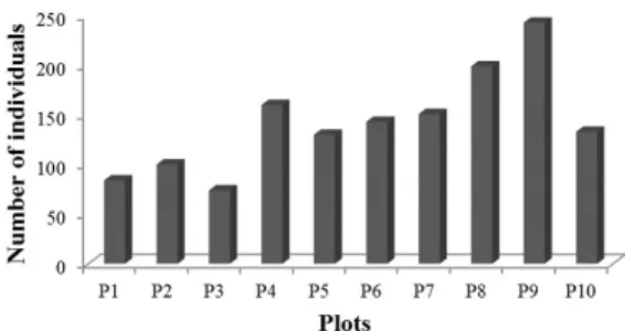 Figure 1. Number of individuals sampled per plot, in  10 plots (P1 to P10), in a rupestrian cerrado area in  Diamantina, MG.