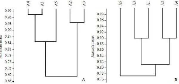 Figure 1. Dendrogram of Morisita (Imh) (A) and Jaccard (Sj) (B) index between the areas: non-mined area with  native vegetation (A1); non-mined area with A