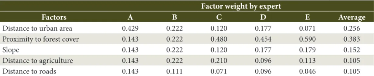 Figure 3. Researcher tendency related to the factor  weight, at the Pirapora River Watershed (Piedade, SP),  considering: (A-E) weights that were attributed by  experts and; (F) weight average.