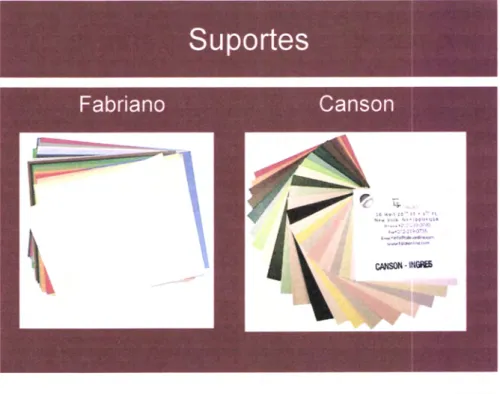 Figura  87,  88:  Diapositivo  apresentado  aos alunos  do  12.o  ano, turma  H,  da  Escola Secundária  Gabriel Pereira,  sobre  os  diferentes  tipos  de  suportes  adequados  à sanguínea e  os  materiais  complementares  da  sanguínea:  esfuminho,  borr