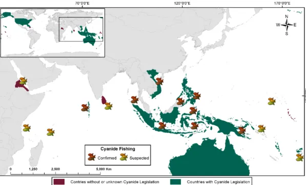 Figure  6.  World  countries  without  or  with  unknown  information  on  legislation  regulating  cyanide  fishing  and countries with specific laws related with this topic [74] overlapped to the locations where cyanide fishing  is either suspected or co