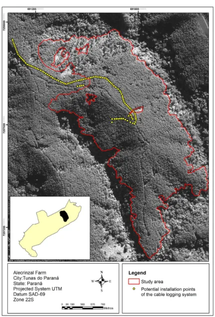 Figure 1. Map image representing the potential installation points of the cable logging system on a stretch of road  in the study area.