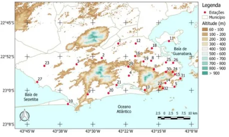 Figura  1.  Distribuição  espacial  das  estações  pluviométricas  automáticas  do  Sistema  Alerta  Rio  selecionadas  para  a  cidade  do  Rio  de  Janeiro