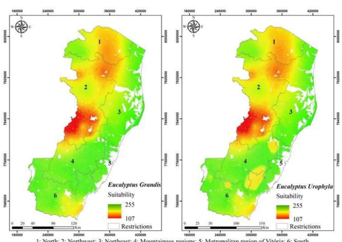 Figure 4. Suitability map for Eucalyptus grandis and for Eucalyptus urophylla. 