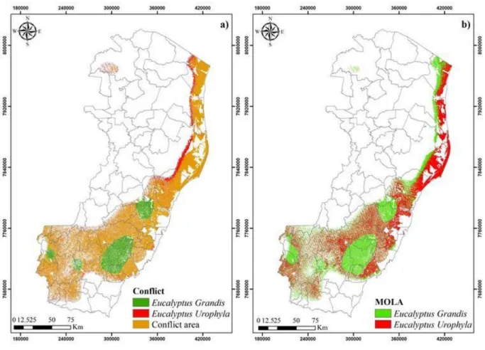 Figure 5. Conflict and aptitude map between different eucalyptus varieties (a) and adequacy map  obtained with MOLA tool (b)
