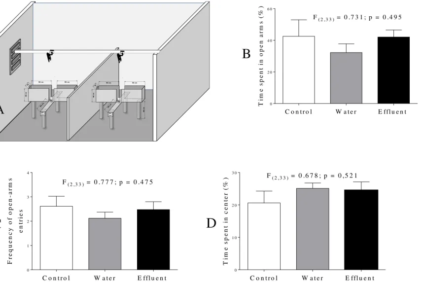Figure 2. (A) Imaging depicting the Elevated plus maze performed in the test room (B) Time spent in the open arms; (C) frequency of entries into the open  arms of the Elevated Plus-Maze and (D) anxiety index of male Swiss mice exposed or not to tannery eff