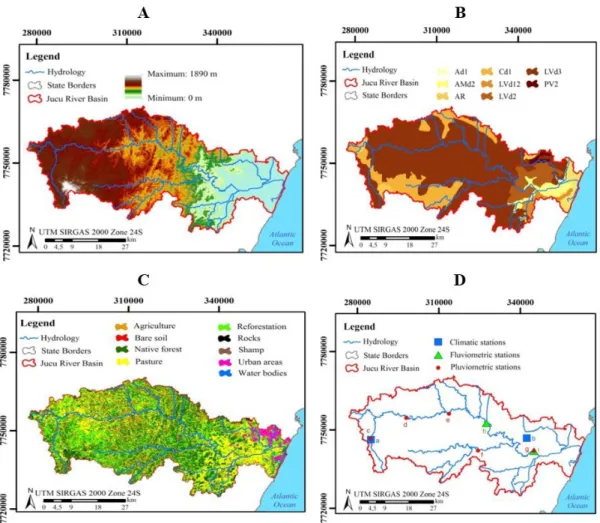 Figure  2.  Map  of  topography  (A),  pedology  (B),  land  use  (C),  location  of  climatic,  fluviometric and pluviometric stations (D) in the Jucu River Basin
