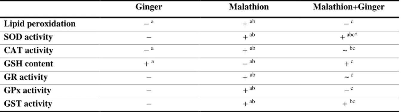 Table 11 – Summary table of tests results carried out in antioxidant activity enzymes