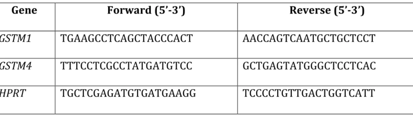 Table 2 – Primer sequences. The sequences for the forward and reverse primer for detection of  GSTM1, GSTM4 and HPRT mRNA levels used for RT-Real Time PCR are given