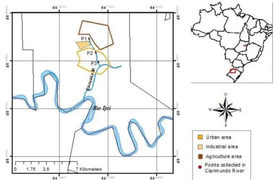 Figure 1. Location of the Clarimundo Stream with the three sample collection points. 