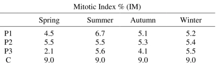 Table 2. Values of the Mitotic Indexes with the respective seasons  and sample collection points