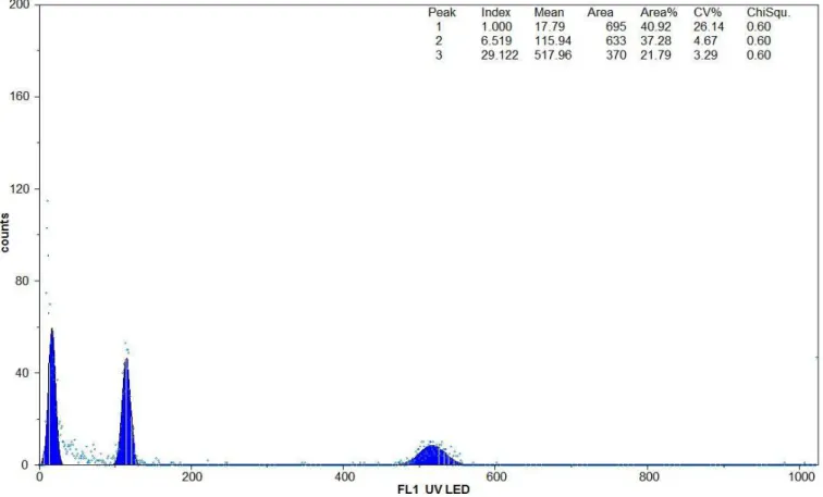 Figure 1. Fluorescence intensity (relative DNA content) of Ficus carica (peak 2) and Vicia sativa (peak 3) in flow  cytometry