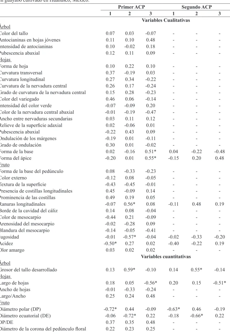 Tabla 4- Vectores característicos de las variables cualitativas y cuantitativas del análisis de componentes principales  en guayabo cultivado en Huanusco, México.