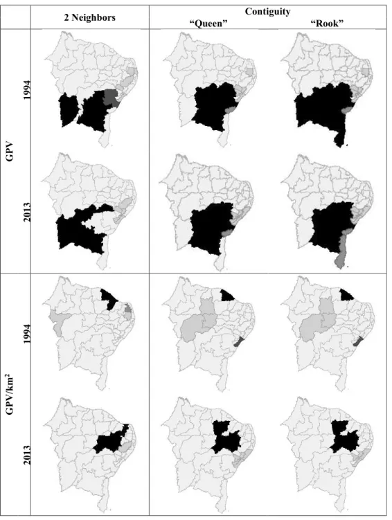 Figure 3 – Cluster maps of firewood GPV of the Brazilian Northeast mesoregions for the nearest-neighbor matrix and contiguity matrix in 1994 and 2013.