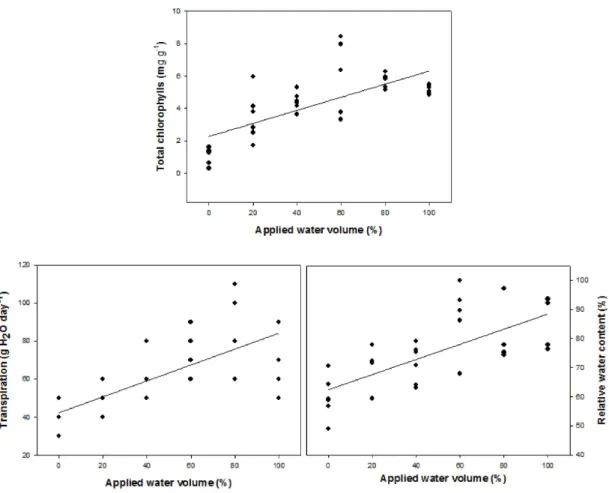 Figure 1 – Regression equations for total chlorophyll (Y=2.27+0.04x, R 2 =0.91 * ); total transpiration (Y=42.34+0.42x, R 2 =0.93 * ) and relative water content (Y=62.43+0.26x, R 2 =0.98 * ) in Dipteryx alata seedlings irrigated with different water volume