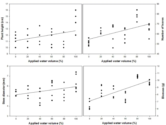 Figura 2 – Equações de regressão para altura de planta Y=11,12+0,016x, R 2 =0,98 * , número de folha Y=54,73+0,15x, R 2 =0,98 * , diâmetro do caule Y=5,1350+0,0081x, R 2 =0,98 *  e biomassa Y=7,08+0,029x, R 2 =0,98 *  de mudas de Dipteryx alata irrigadas c