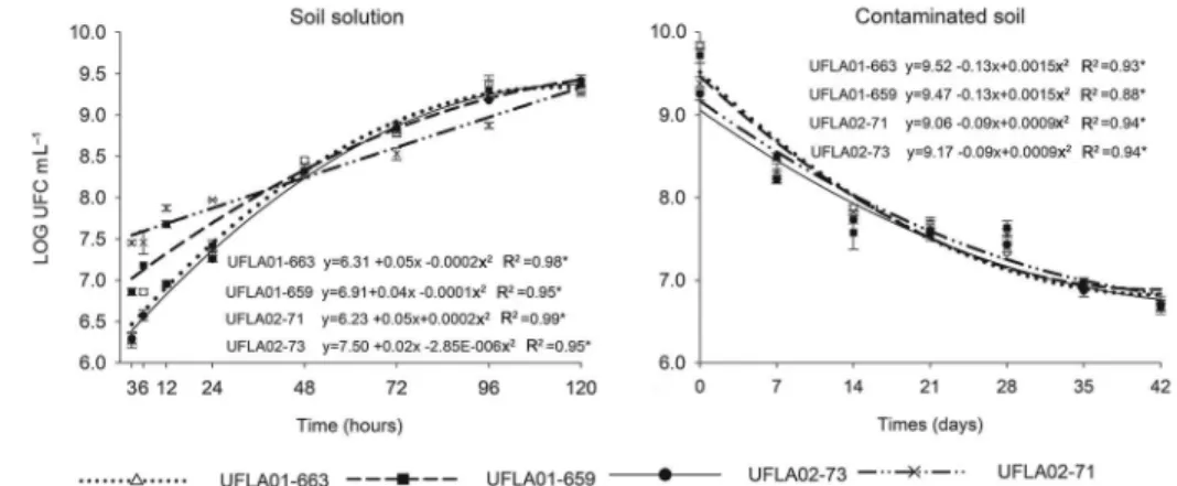 Figure 3 – Concentrations of Zn and Cd absorbed by the Cupriavidus necator strains at Zn + Cd concentrations of 9,140 µmol L –1  and in the  soil solution extracted from contaminated soil.