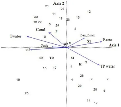 Figure 4. Canonic Correspondence Analysis (CCA) of the sample units taken from the Santa Lúcia lake generated by  seven abiotic variables and the descriptive functional groups of the phytoplankton community