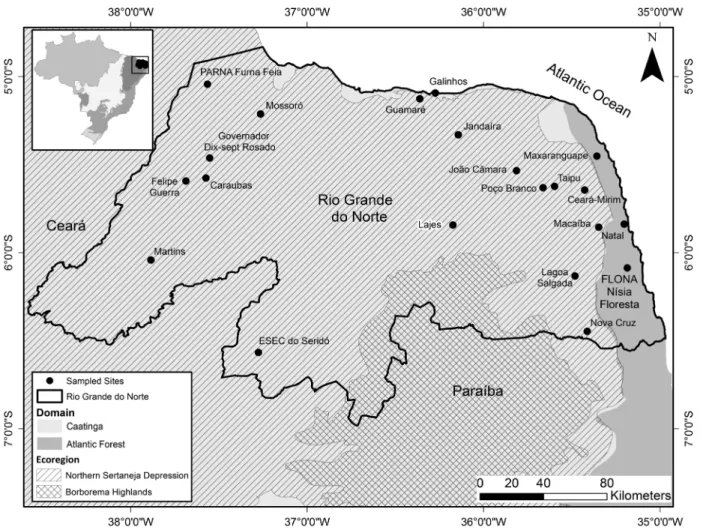 Figure 1. Map showing site localities where at least one bat has been sampled within the state of Rio Grande do Norte, northeastern Brazil