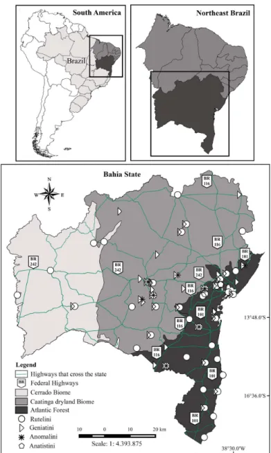 Figure 1. Location of the study area and geographic distribution records Rutelinae in the Bahia state.