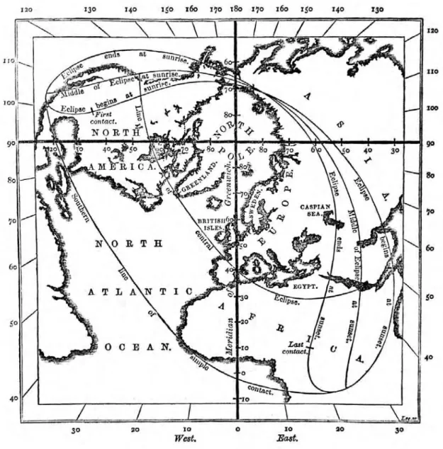 Figura 3.6: Previs˜ao da visibilidade do eclipse de 18 de Julho de 1860 segundo o Nautical Almanac (Hind , 1859)