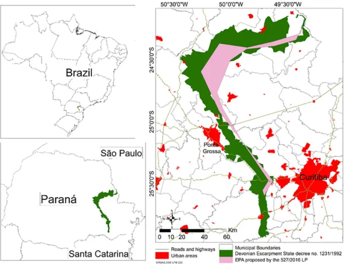Figure 1. The original area of the DEEPA (in green) and the resized DEEPA proposed by the 527/2016 LP (in pink) in Paraná State, South Brazil.