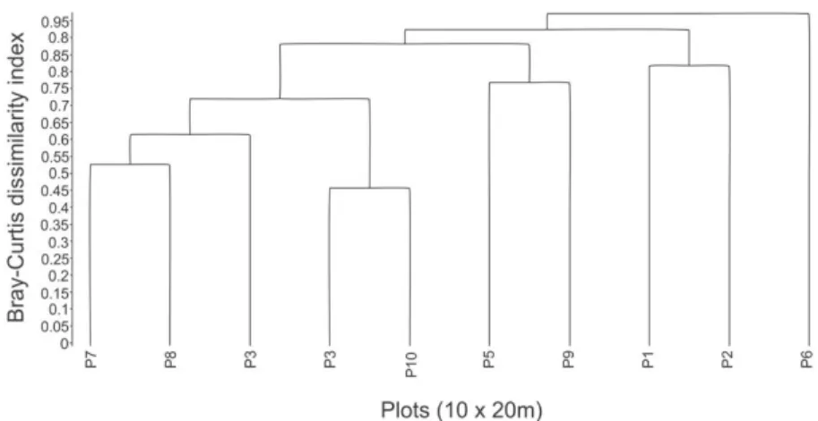 Figure 2. Ordination diagram of the first two axes of Redundancy Analysis for the fern’s flora of 10 plots surveyed in a Lowland  Atlantic Forest Remnant in the Northeast of Brazil (Pernambuco, Brazil)