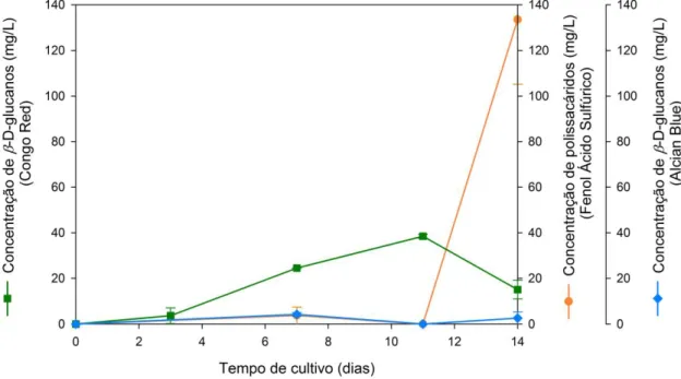 Figura  23-  Comparação  da  concentração  de  β-D-glucanos  e  polissacáridos  extracelulares,  em  função do tempo de cultivo, no sobrenadante da cultura de  Lentinula edodes no meio  contendo borra de café