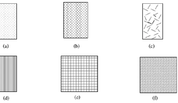 Figura 2. Imagens de compósitos reforçados (Silva , 2014) com: (a) partículas aleatórias; (b) fibras curtas  unidirecionais; (c) fibras curtas aleatórias; (d) fibras contínuas unidirecionais; (e) fibras contínuas tecido e (f) fibras 