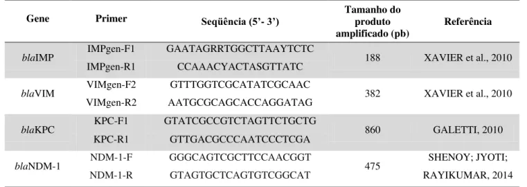 Tabela 1. Primers específicos para detecção dos genes codificadores de carbapenemases