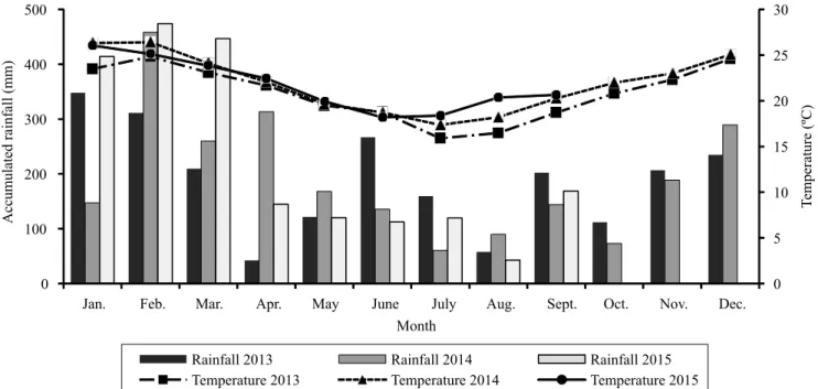 Figure 1. Accumulated rainfall and monthly average temperatures in 2013, 2014, and 2015 in the municipality of Antonina,  in the coast of the state of Paraná, Brazil