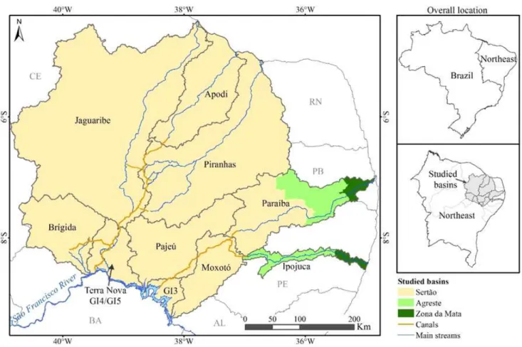 Figure 1. Map of the studied area indicating the location of the basins, of the canals of the São Francisco River integration  project, and of the main streams