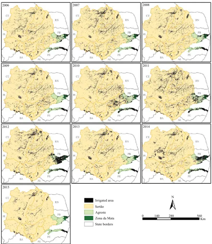 Figure 4. Spatial distribution maps of the irrigated areas in the studied basins, from 2006 to 2015, generated with the moderate  resolution imaging spectroradiometer (Modis)-enhanced vegetation index (EVI) time series classification