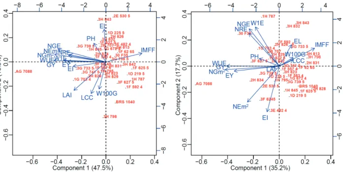 Figure 3. PCA biplot for the water deficit condition. The first and  second principal components are in the x- and y-axis,  respectively.