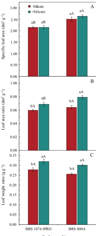 Figure 4. Effect of soil fertilization (+silicate) and non-fertilization  (-silicate) with calcium silicate on specific leaf area  (A), leaf area ratio (B) and leaf weight ratio (C) of two  soybean cultivars, under well-watering conditions