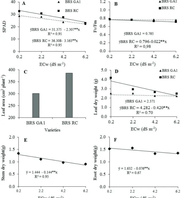 Figure 3. Chlorophyll content index (SPAD) (A), Fv/Fm (B), leaf area (C), leaf dry weight (D), stem dry weight (E) and root dry  weight (F) of passion fruit varieties submitted to irrigation water electrical conductivities.