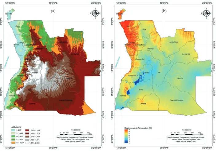 Figure 2.  Digital elevation model (a) and mean annual air temperature (b) for Angola.