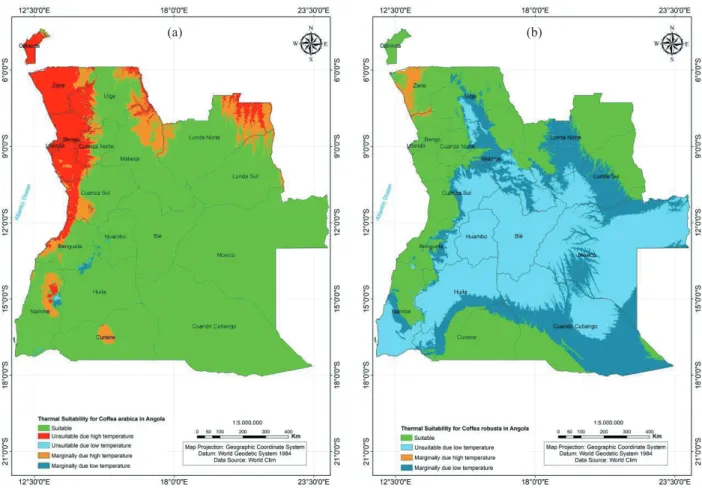 Figure 3. Thermal suitability for the Arabica (a) and Robusta (b) coffees in Angola.