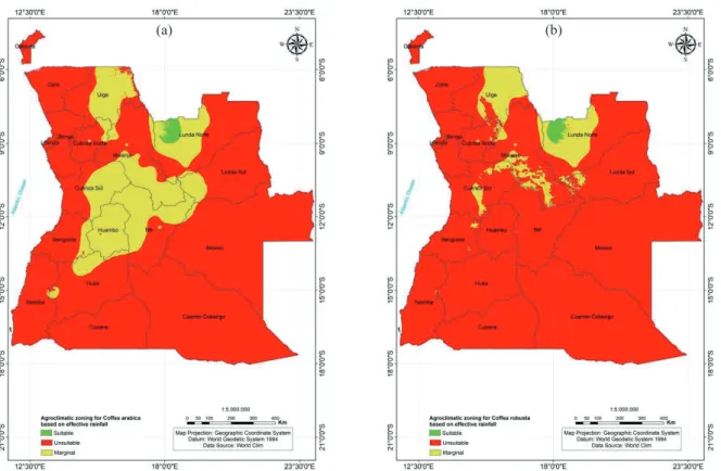 Figure 5. Agroclimatic zoning for the Arabica (a) and Robusta (b) coffees in Angola, based on thermal suitability maps and annual  water deficit, considering the effective rainfall data.