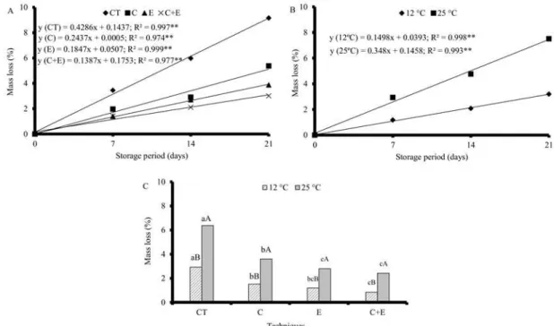 Figure 1. Influence of interaction between the technique and storage duration (A), storage temperature and storage duration  (B), and technique and storage temperature (C) on the mass loss of ‘Tommy Atkins’ mangoes