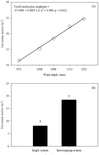 Figure  4.  Effects  of  supplementary  irrigation  depths  with  saline  water  plus  rainfall  (976,  1,048,  1,096,  1,152,  and                   1,202 mm year -1 ) (A) and cropping system (B) on dry matter yield.