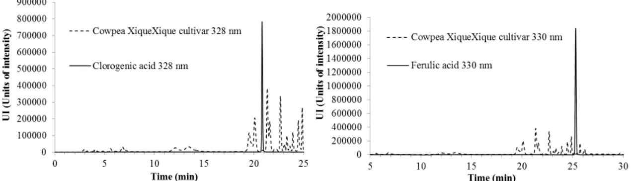 Figure  2.  HPLC  chromatograms  of  cowpea  BRS  cultivar  Xiquexique  extracts  and  the  standards,  chlorogenic  acid  (measured at 328 nm) and ferulic acid (measured at 330 nm)