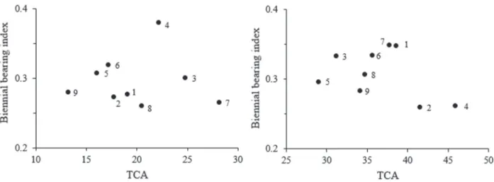 Figure 2: Scatter plot of TCA x BBI points (mean per cultivar) for the cultivars tested on rootstocks M-9 (left) and Marubakaido/