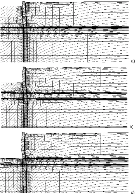 Fig. 3.32 – Configuração das deformadas no decurso da escavação: a) 2m de escavação; b) 6m de escavação; 