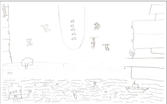 Figura 1: Desenho da Lagoa da Francesa como lugar de poluição (Menina, 13 anos).