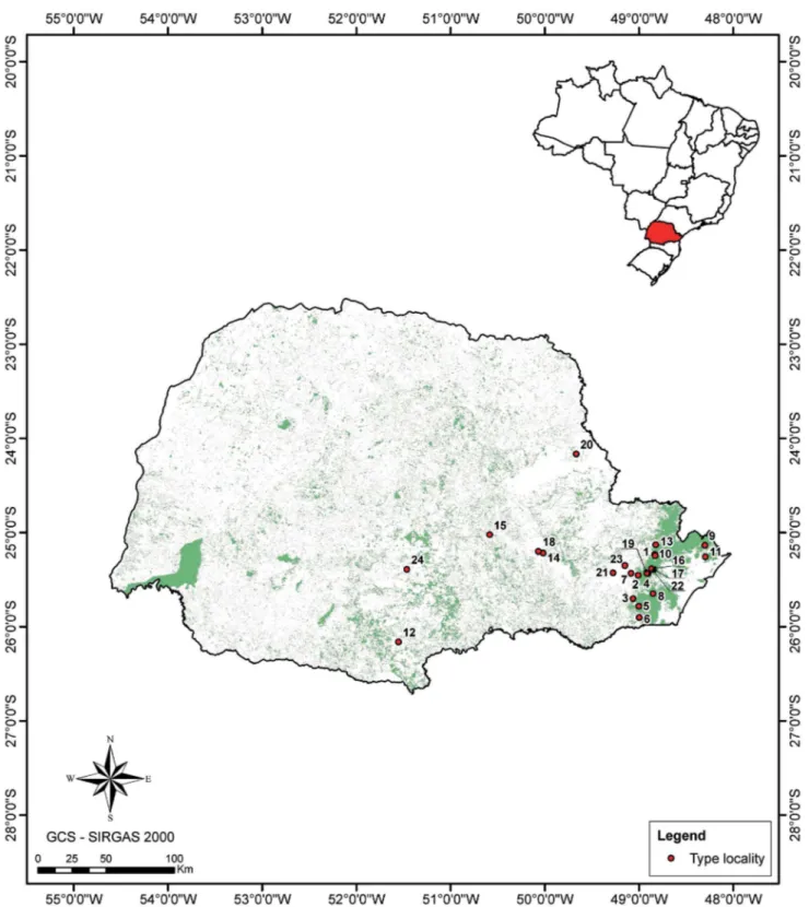 Figure 1. Type localities of the anuran species in the state of Paraná, southern Brazil