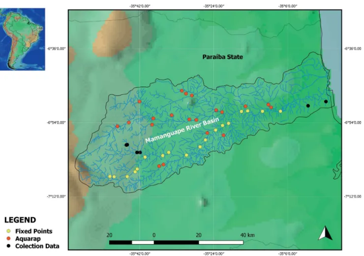 Figure 1. Distribution of the sampling points in the Mamanguape River Basin, State of Paraíba, Brazil.