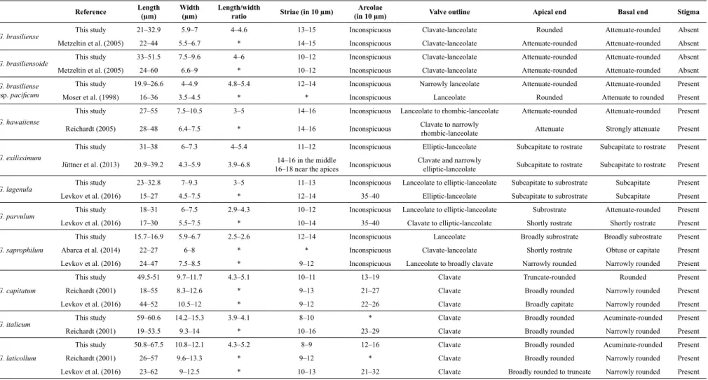 Table 2. Valve morphology and morphometric and meristic limits of Gomphonema species found in São Francisco Falso River compared with data from the literature used for taxonomic classification