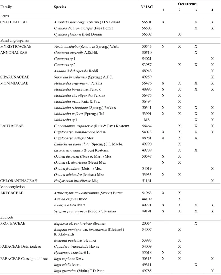 Table 1. Trees (in phylogenetic order by families and subfamilies and alphabetical by species) sampled in 1 ha of Montana Ombrophilous Dense Forest, at 800  m elevation, Serra do Mar State Park, Ubatuba – SP